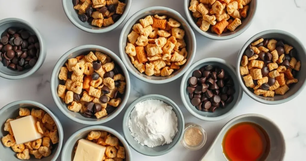 Bowls of ingredients for Muddy Buddies, including cereal, chocolate chips, butter, powdered sugar, and vanilla.